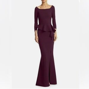 Chiara Boni Adela Purple Merlot Peplum Ruffle Stretch Gown, 3/4 Sleeves, 38/2/XS